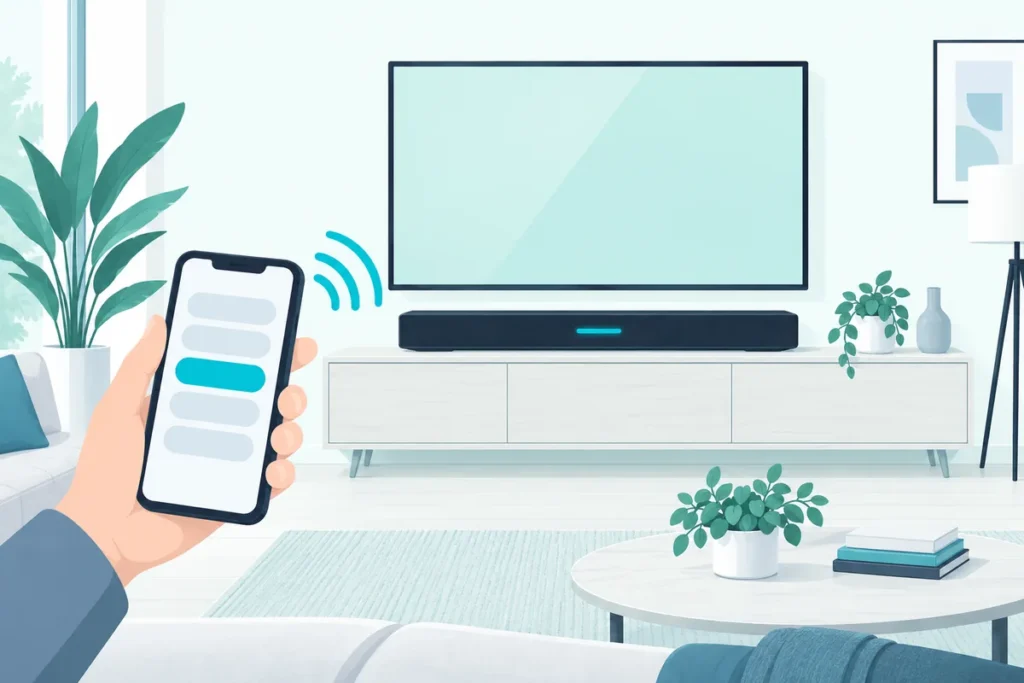 Phone pairing with a soundbar over Bluetooth, the soundbar's display lit in pairing mode