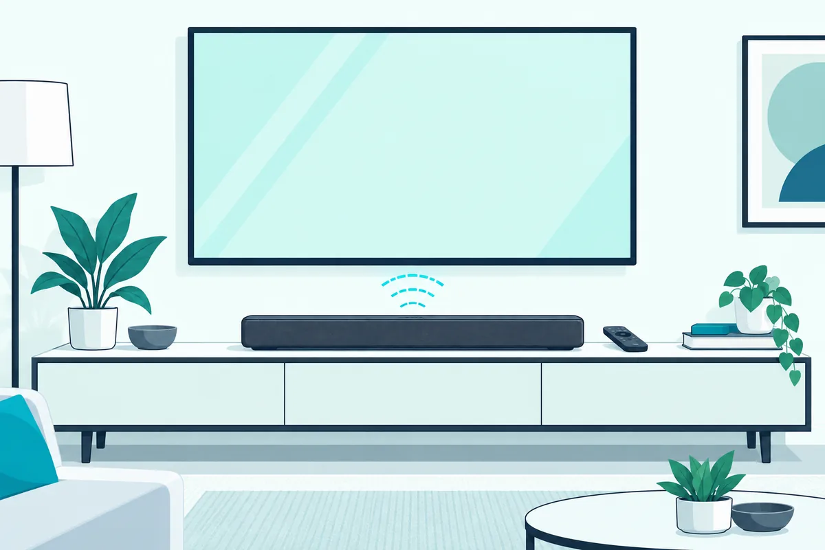 Soundbar receiving dashed wireless arcs from the TV above it, paired over Bluetooth with no cable