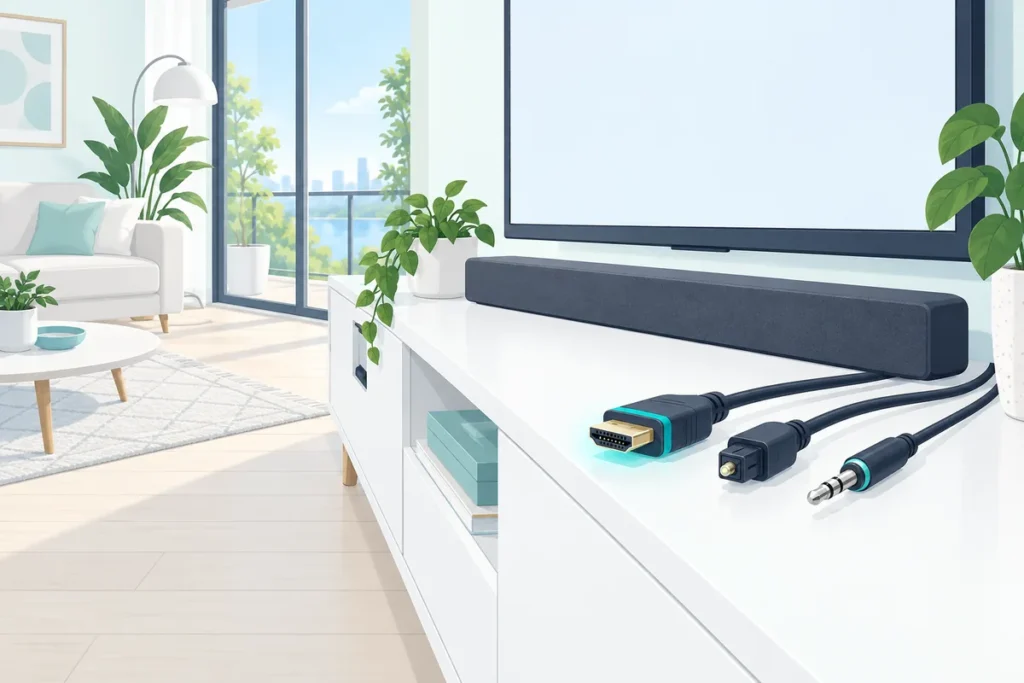 HDMI, optical and 3.5 mm cables laid out behind a soundbar, with HDMI highlighted as the best connection