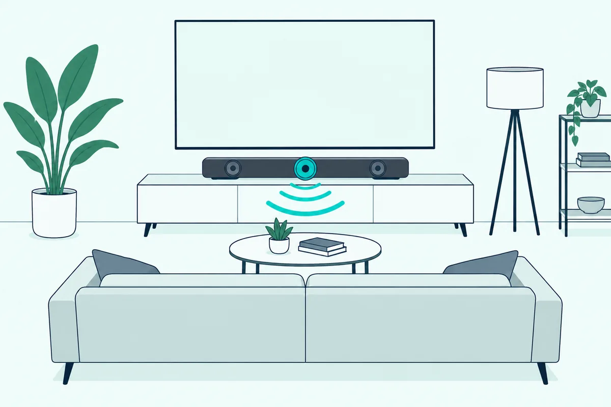 Soundbar with a highlighted center speaker aimed at the sofa, the driver that carries dialogue