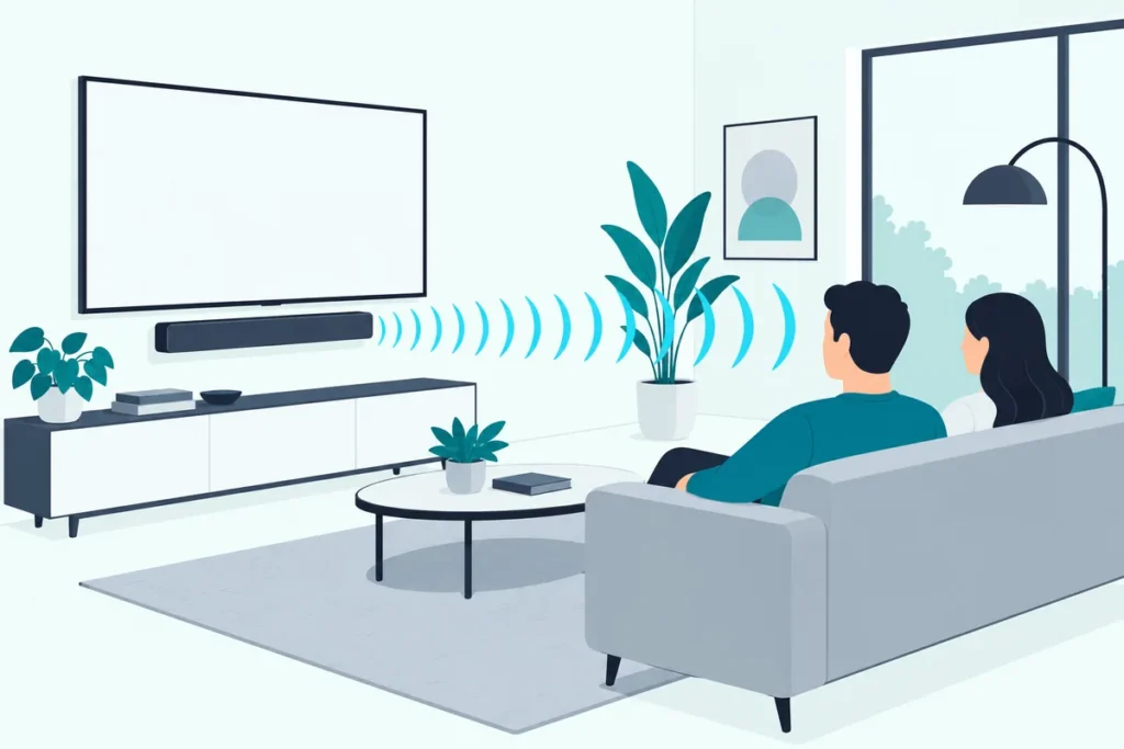 Soundbar mounted centered just below a TV at seated ear height, the best place to put a soundbar