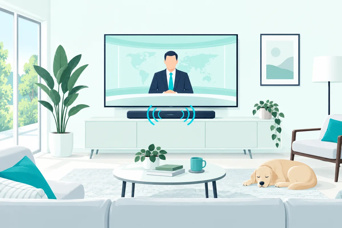 Soundbar pushing dialogue from its center toward the room while a news program plays