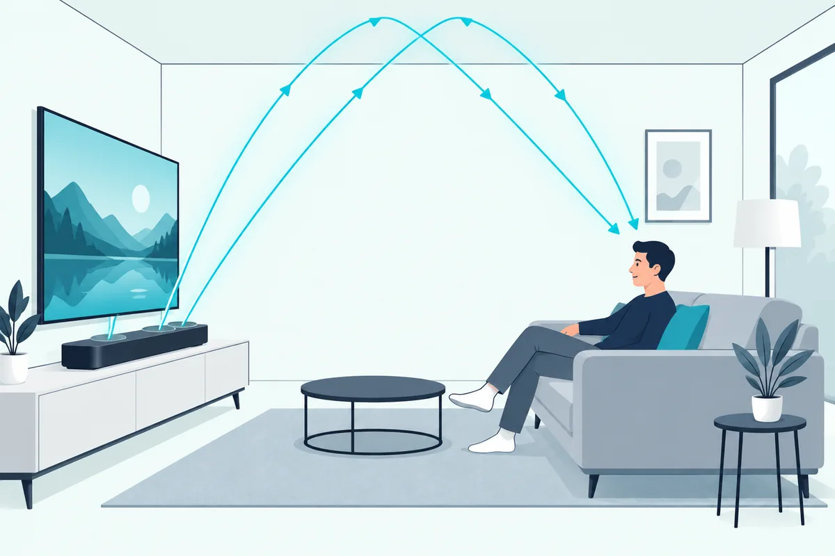 Soundbar with up-firing speakers bouncing sound off the ceiling toward the listener for Dolby Atmos