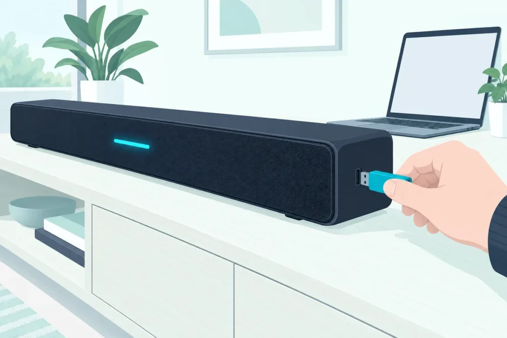 Hand plugging a USB drive into a soundbar to install a firmware update