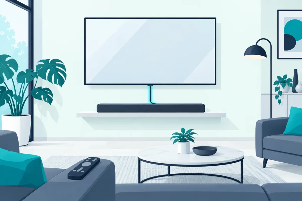 Soundbar on a shelf below a wall-mounted TV with one HDMI cable between them, a Vizio bar on a Samsung TV