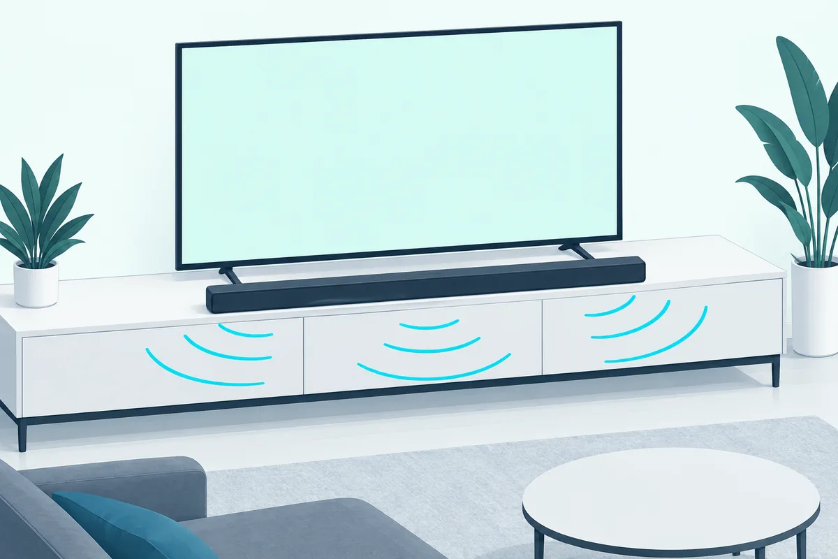 Soundbar at the front edge of a TV stand, in front of the TV's feet with a clear path to the seats