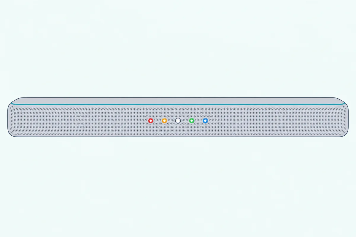 Front of a slim soundbar with a row of five small indicator lights glowing red, amber, white, green and blue