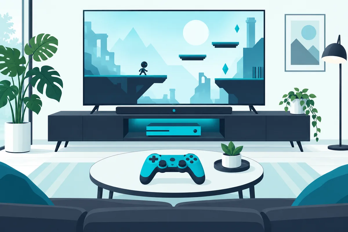 Game controller in front of a TV, soundbar and game console set up for low-lag gaming sound