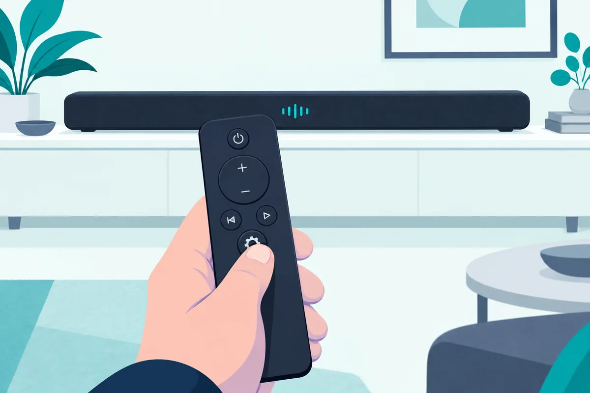 Finger holding the gear-icon button on a soundbar remote to show the firmware version