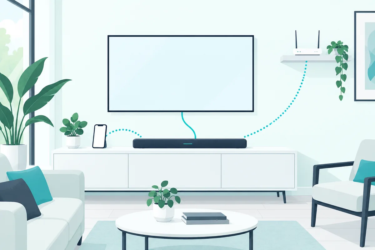 Soundbar with an HDMI cable to the TV, a phone and a Wi-Fi router, its three connection options