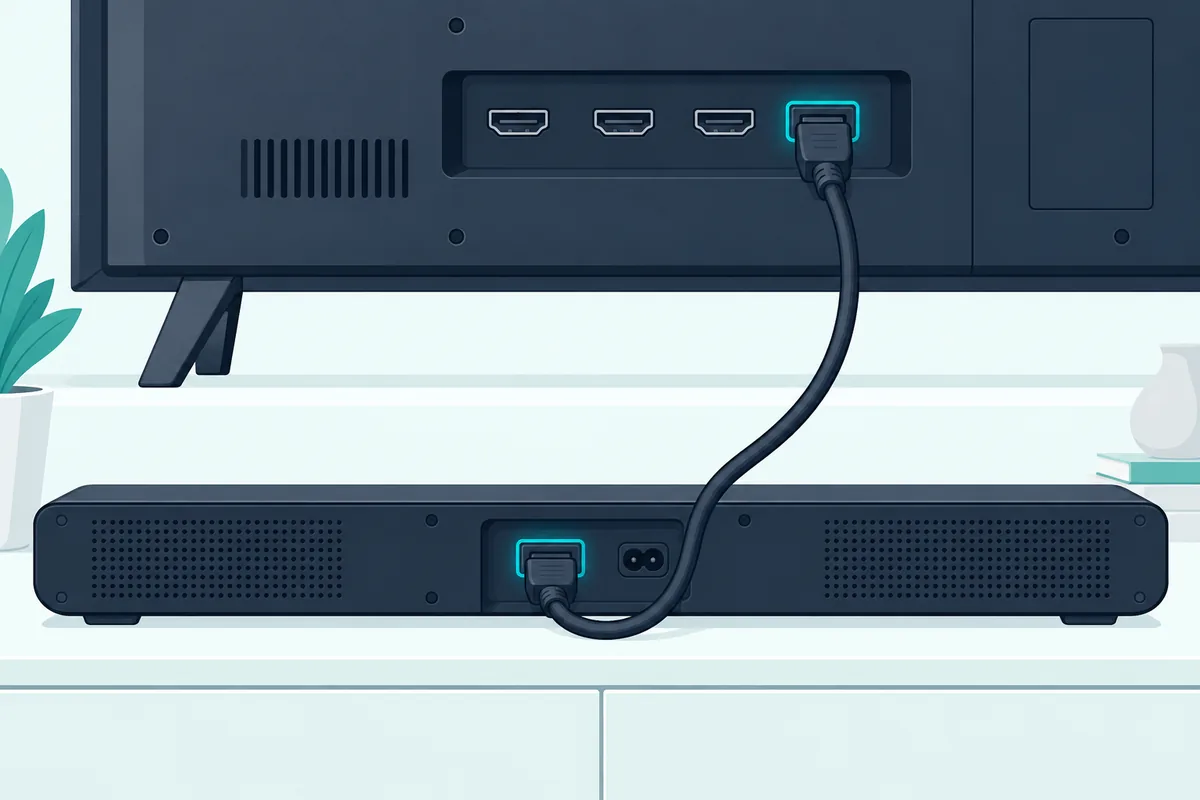 HDMI cable plugged into the highlighted ARC port on the back of a TV and running down to the soundbar