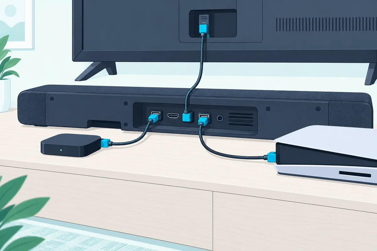 A streaming box and a game console plugged into HDMI inputs on the back of a soundbar, with one cable running up to the TV
