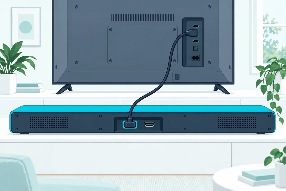 HDMI cable plugged into the soundbar's HDMI OUT (ARC) port, with the HDMI IN port beside it left empty