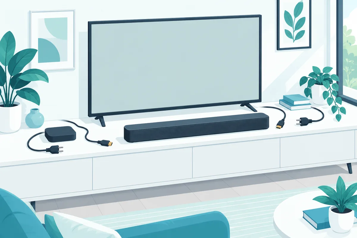 TV, streaming box and soundbar with cables unplugged to reset the HDMI connection when there's no sound