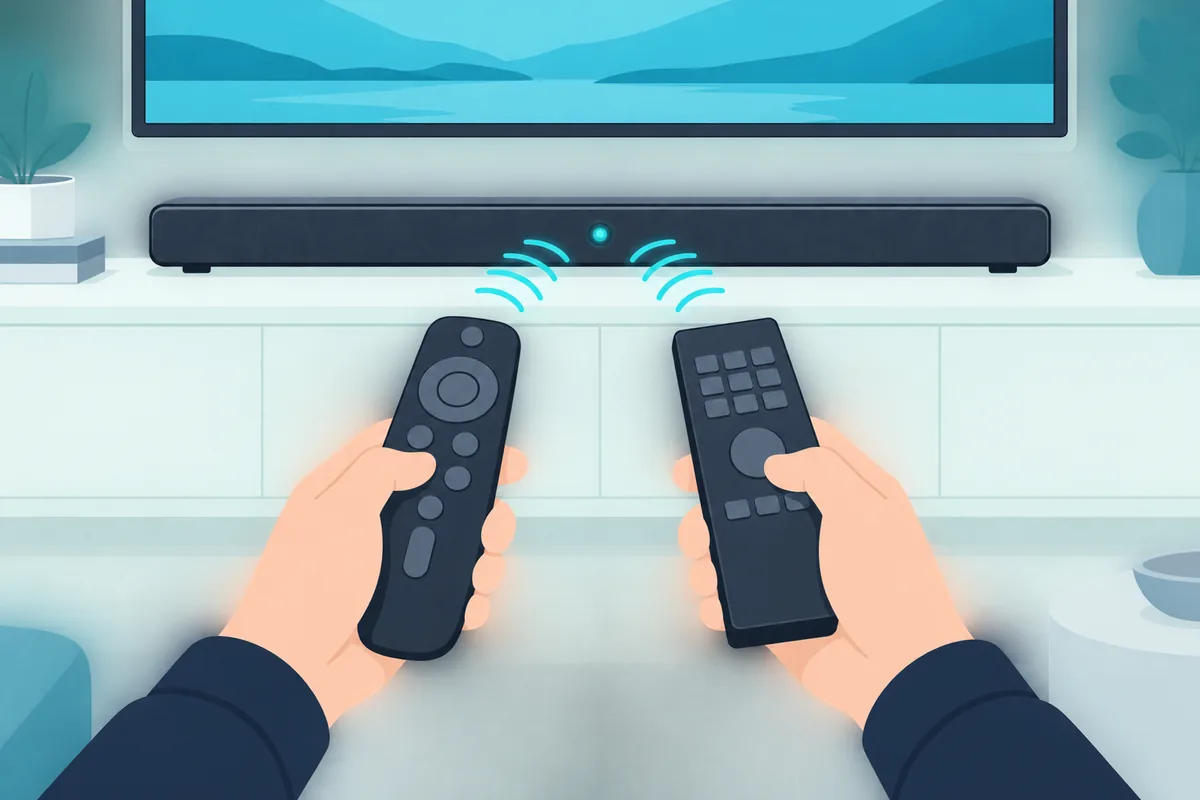 Two remotes pointed at a soundbar's front sensor while it learns the TV remote's volume buttons