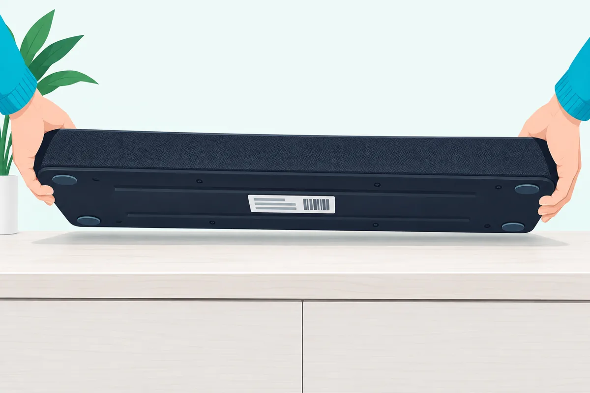 Model number label on the underside of a soundbar, the thing to check before trying a button reset