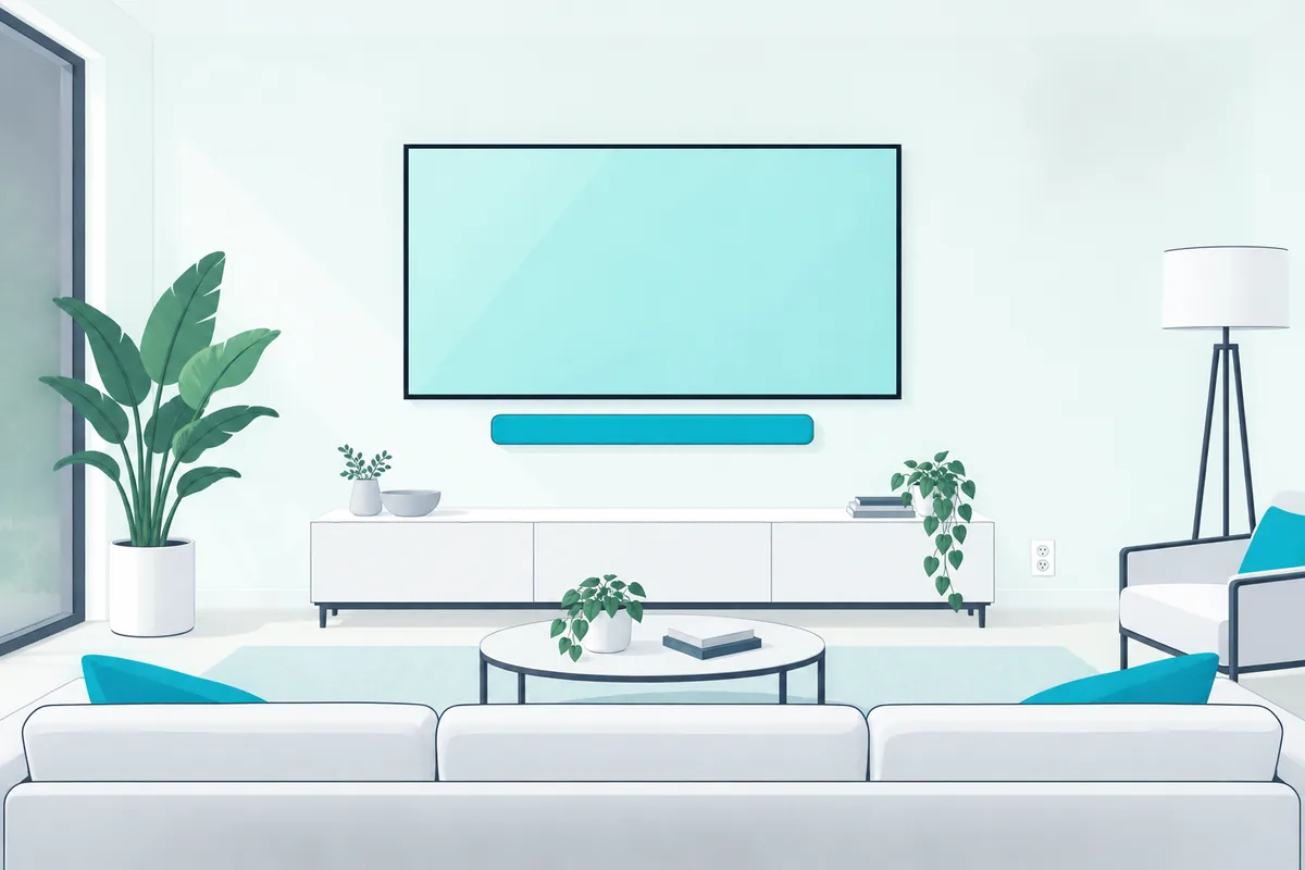 Soundbar mounted level and centered a short gap below a wall-mounted TV with its cables hidden