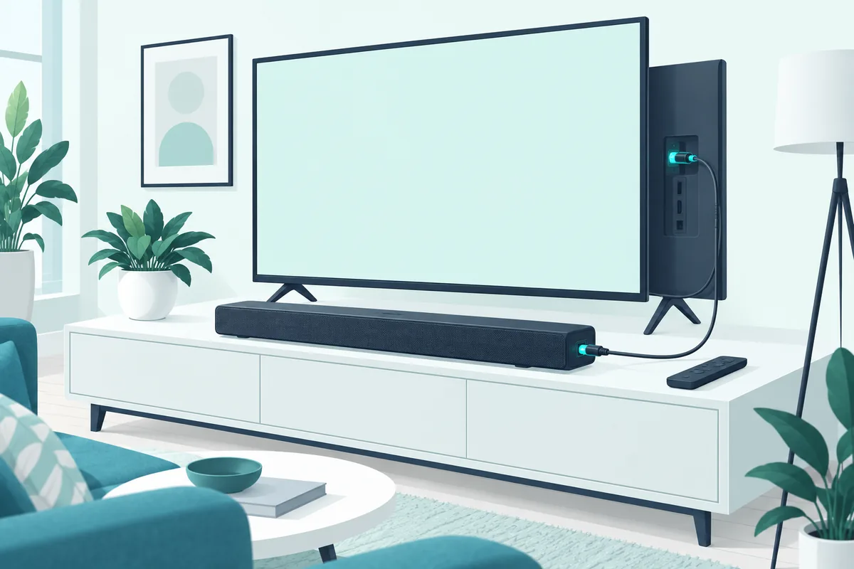 Soundbar connected to a TV with an optical cable, a remote beside it for volume