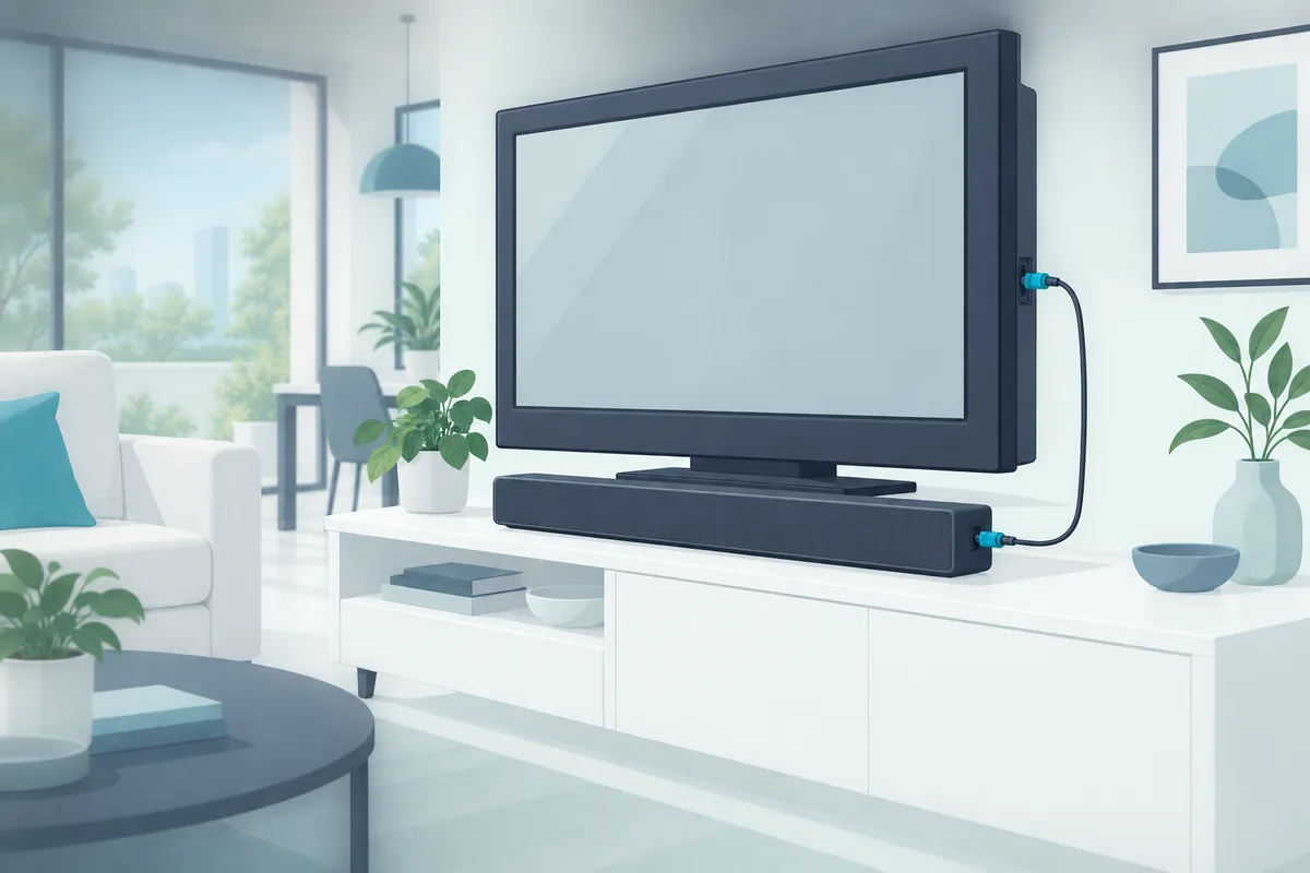 Optical cable running from an older TV to a soundbar on the console below