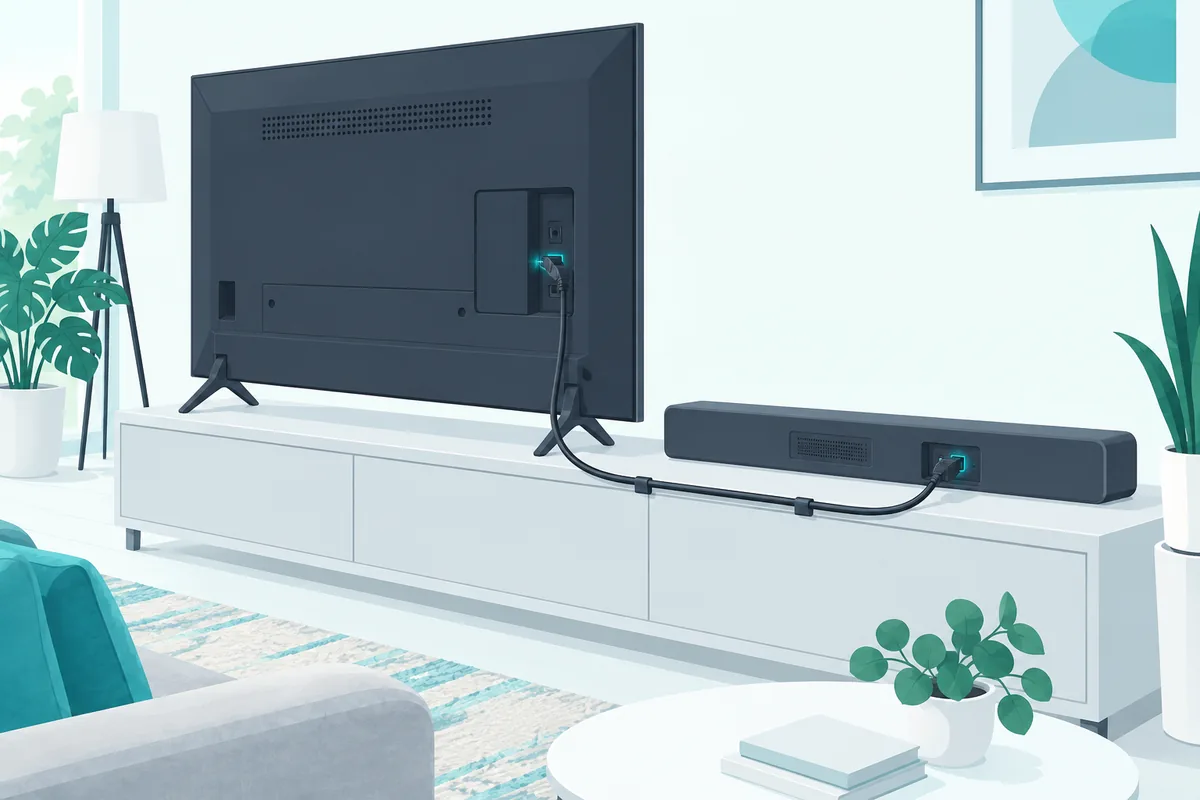 Optical audio cable with glowing plug tips joining the back of a TV to a soundbar below it