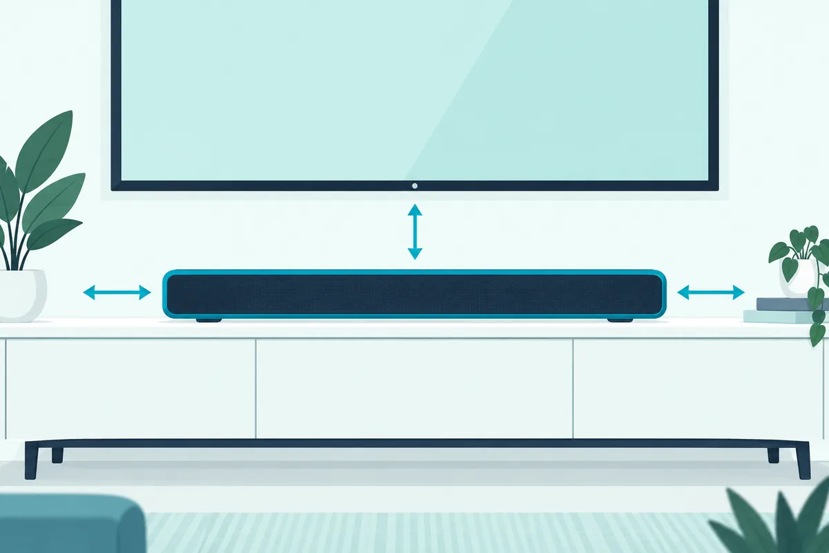 A soundbar centered on a TV stand below a flat TV, with a clear gap under the screen and space at both ends
