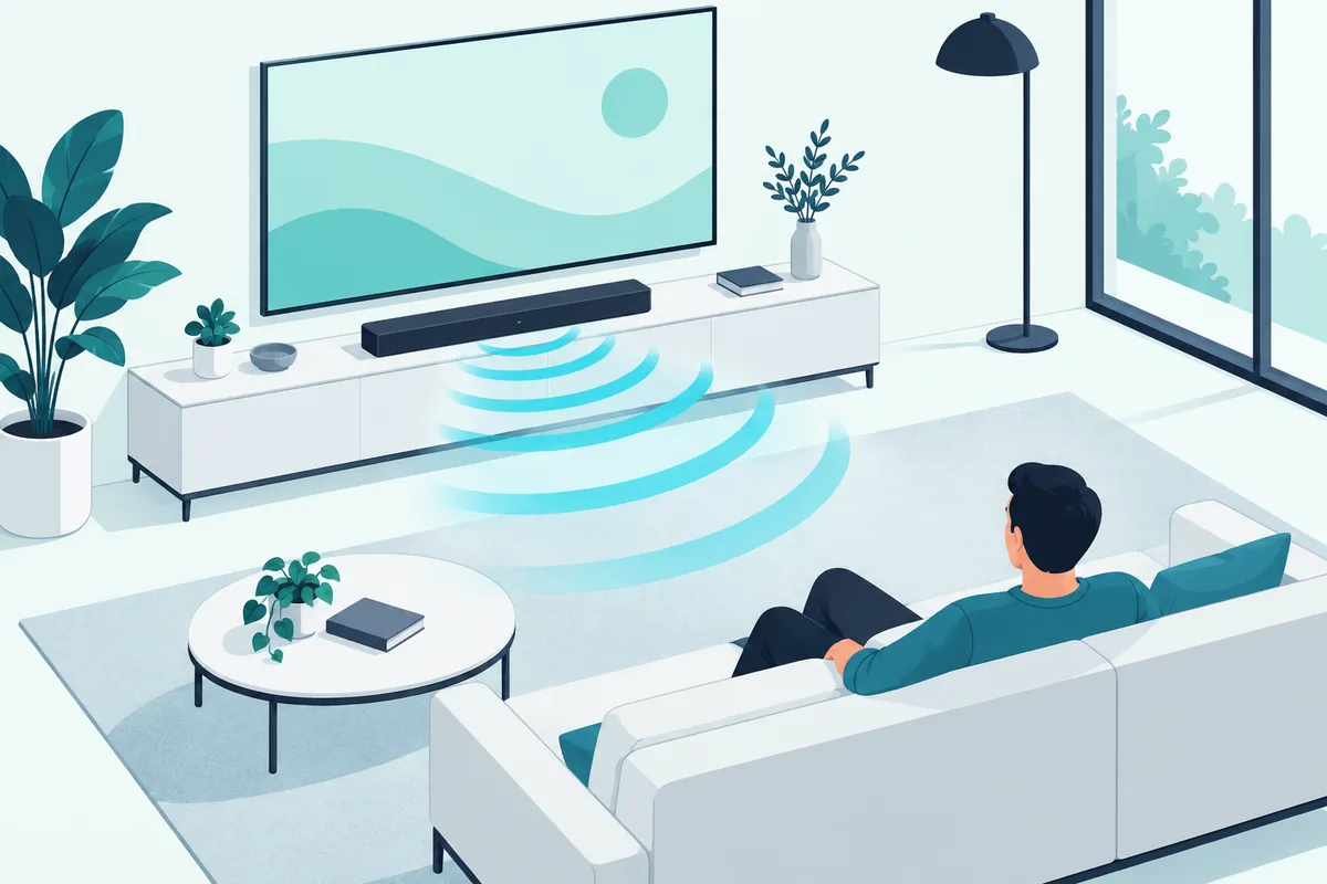 Soundbar centred below a TV screen and facing the sofa, the best place for a soundbar
