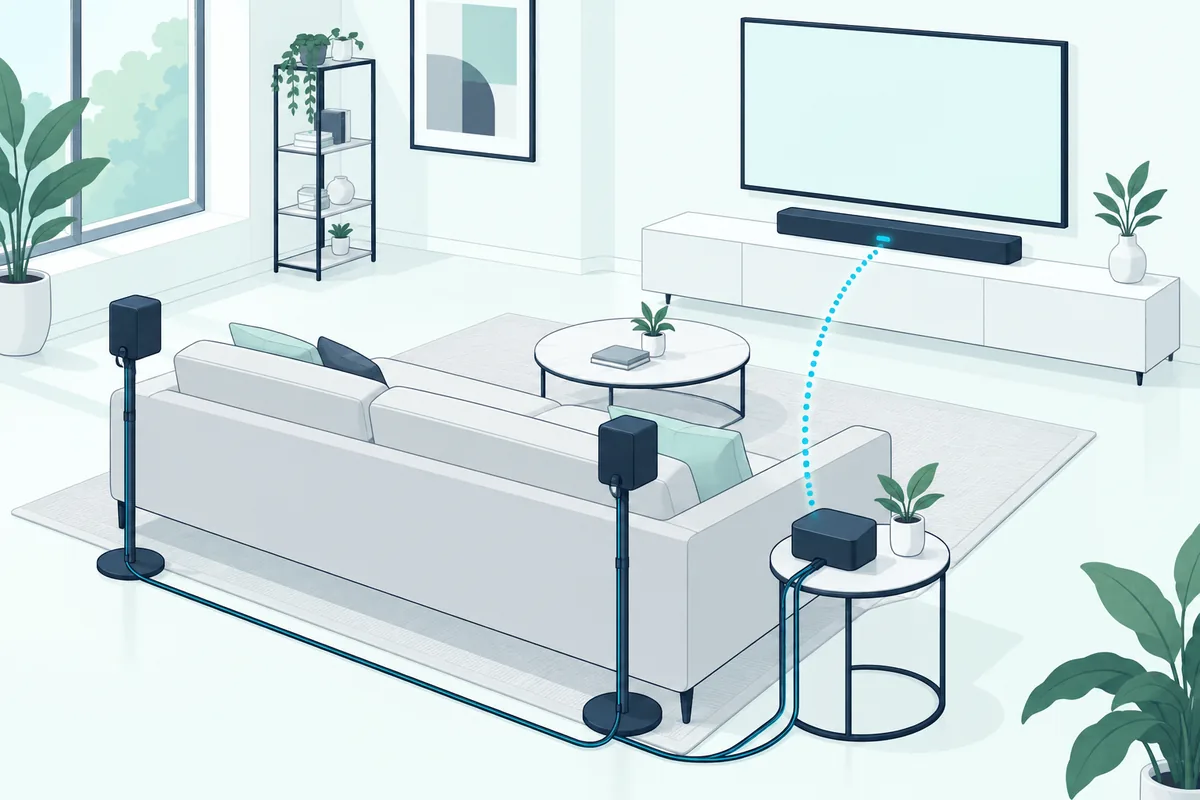 Rear speakers wired to a small wireless receiver that links to the soundbar under the TV