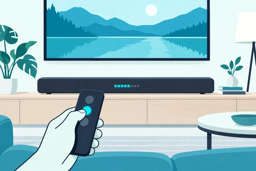 Soundbar remote adjusting a setting while the bar's front lights show the level