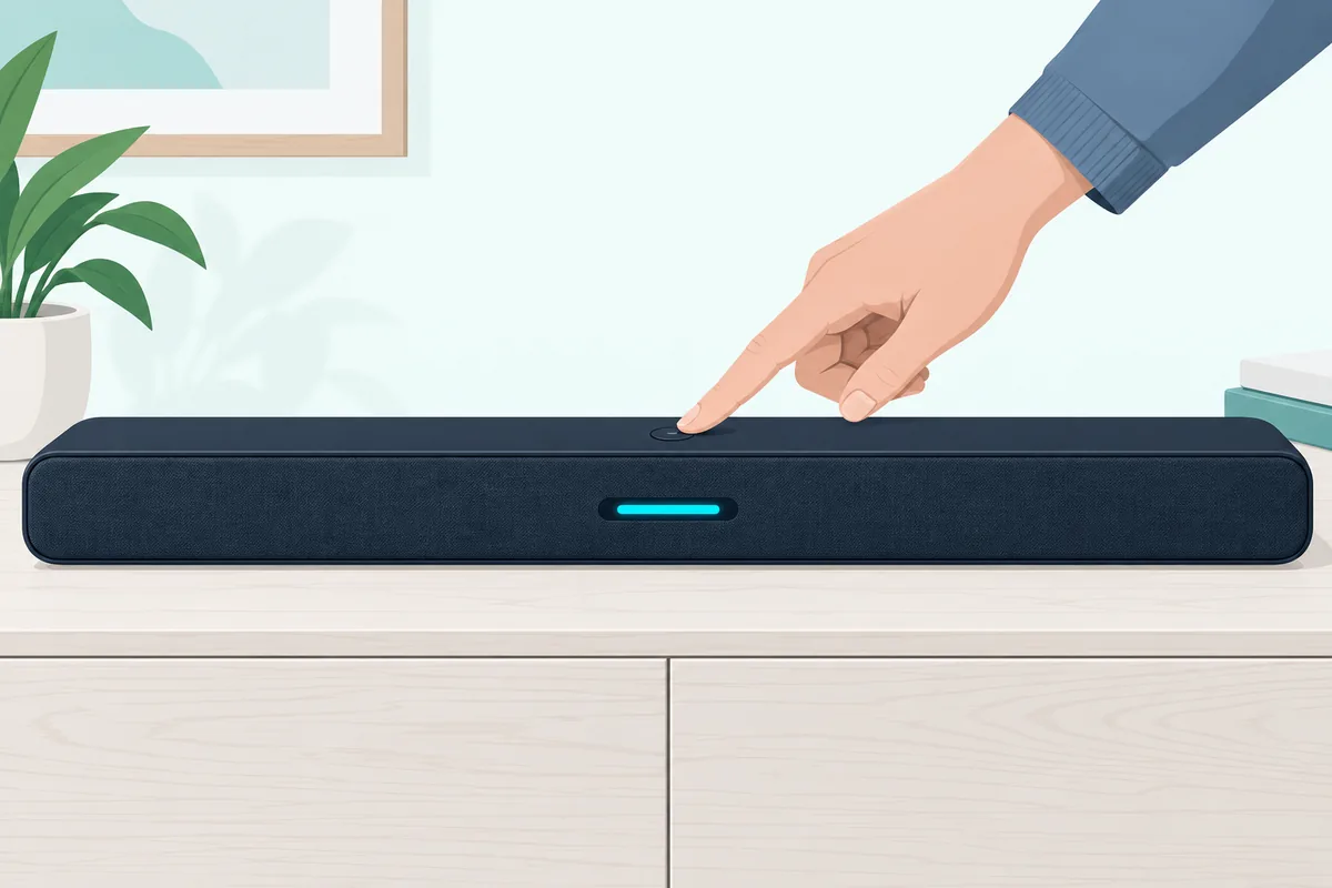 Finger holding the source button on top of a soundbar to switch it into Bluetooth pairing mode