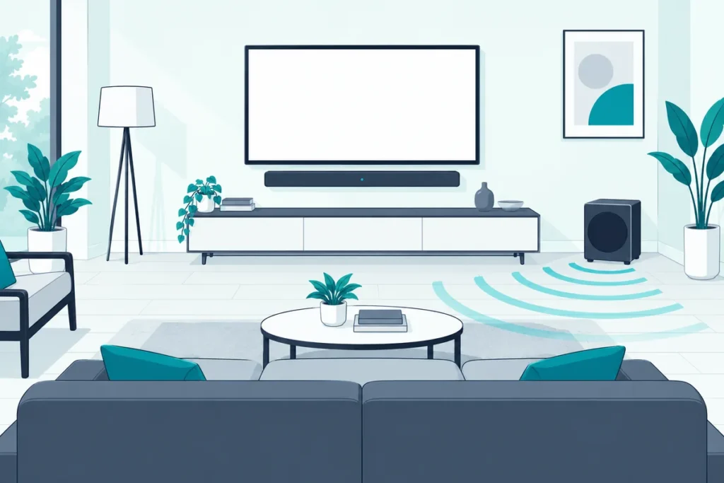 Subwoofer on the floor near a soundbar and TV in the front half of a living room, sending bass toward the sofa
