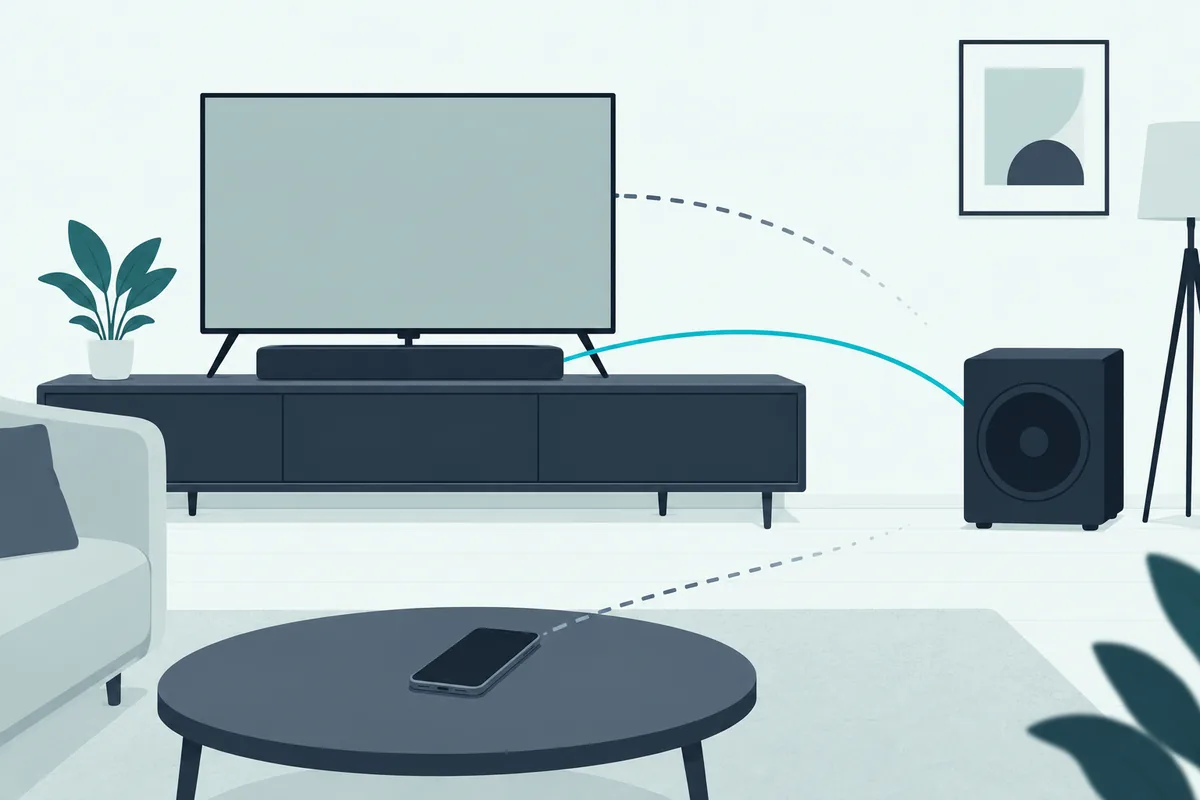 Soundbar subwoofer receiving a wireless signal only from its paired soundbar while signals from a TV and phone fall short