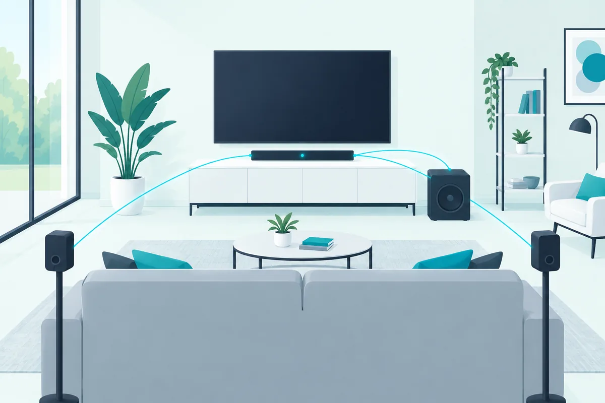 Soundbar with a subwoofer beside the TV and two rear speakers behind the sofa, the add-ons that raise the price