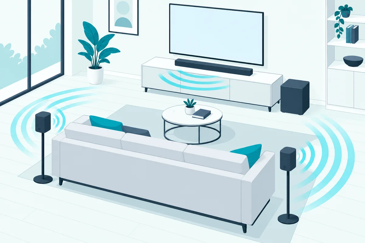 Soundbar with a wireless subwoofer and two rear speakers around a sofa, a full surround soundbar system