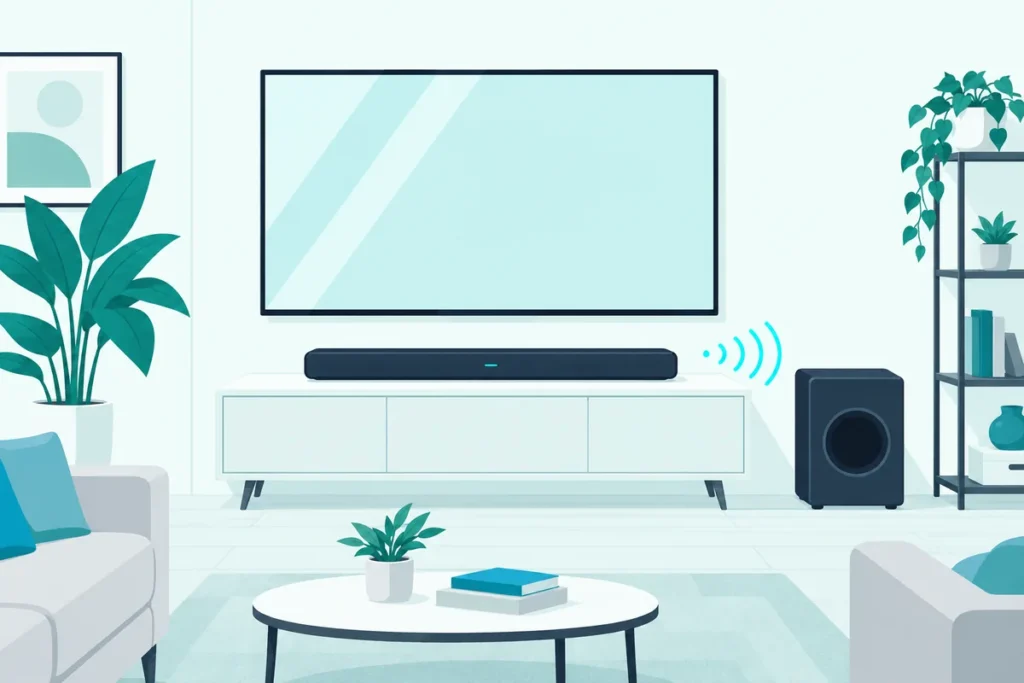 Soundbar below a TV with its wireless subwoofer against the same wall, the layout Polk recommends