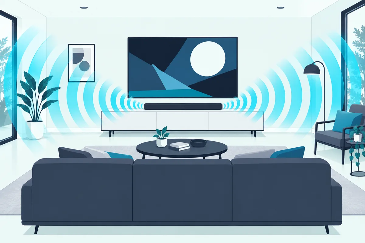 Soundbar spreading wide sound across a living room during a movie, the effect of a surround sound mode