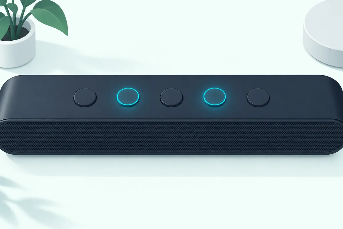 Close-up of a soundbar's top button panel with the two reset buttons highlighted