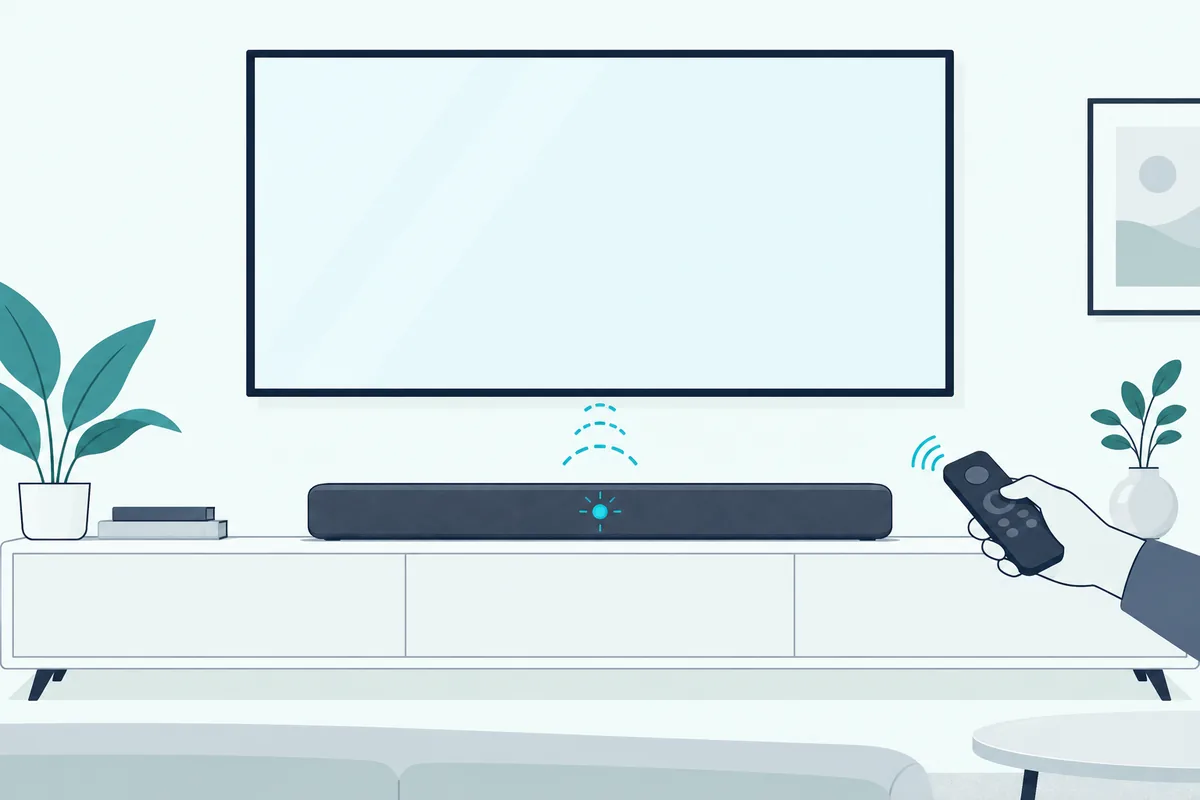 Soundbar with a blinking pairing light receiving wireless arcs from the TV, paired over Bluetooth