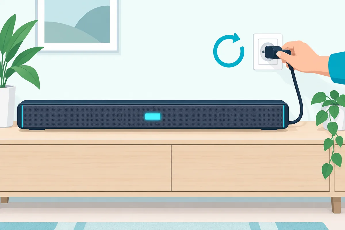 Hand plugging a soundbar's power cord back in to restart it after a failed update