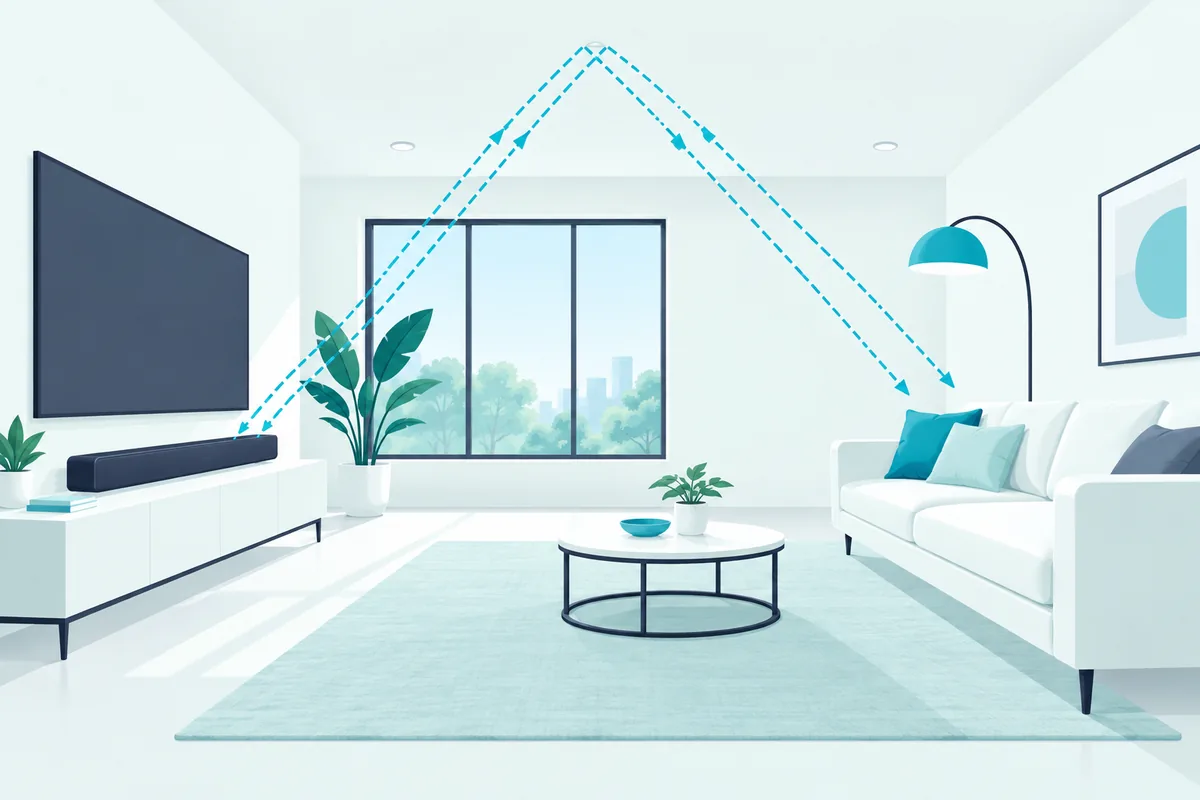 Soundbar with up-firing speakers bouncing sound off the ceiling for Dolby Atmos height effects