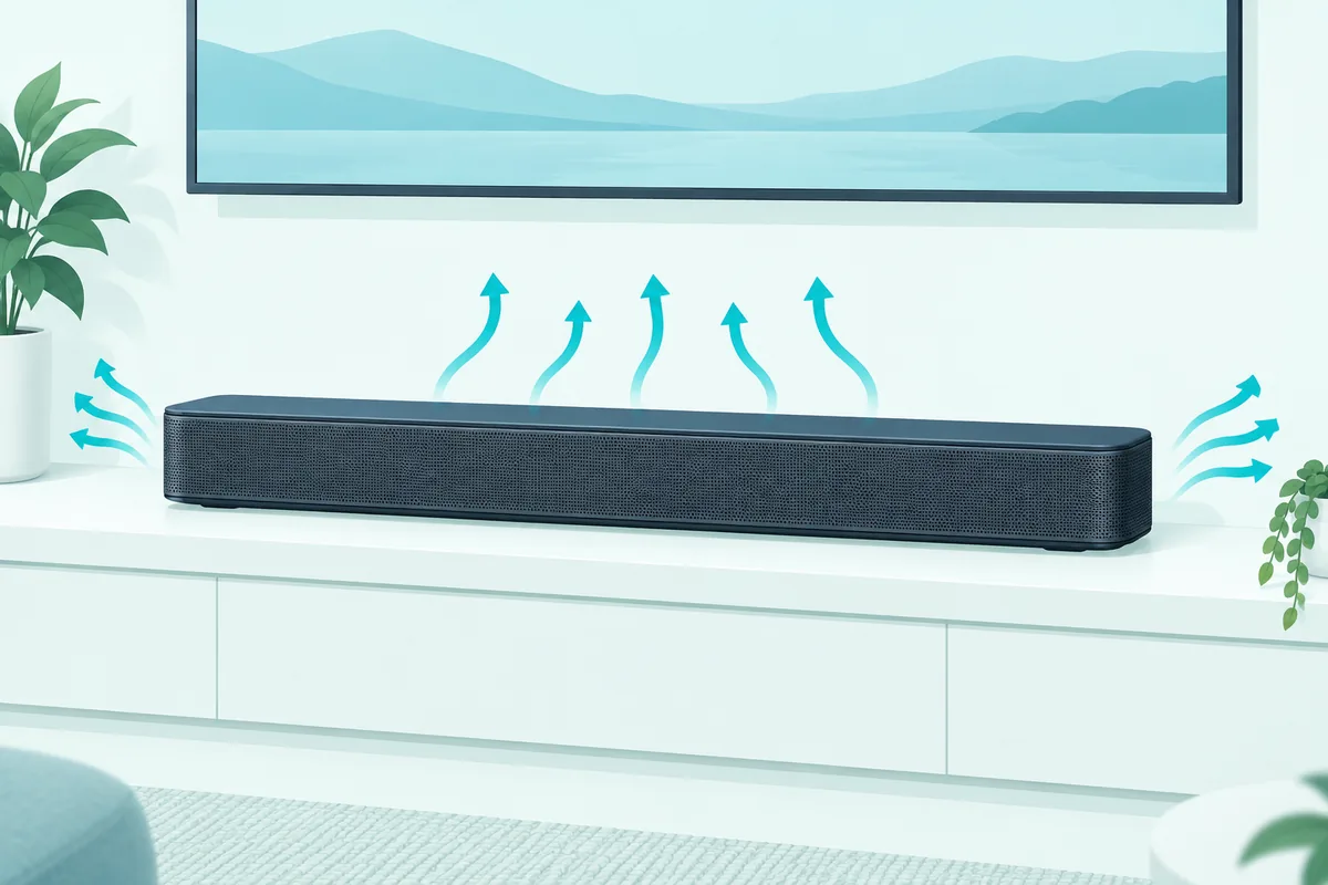 Soundbar on a shelf with clear space around it so heat can escape
