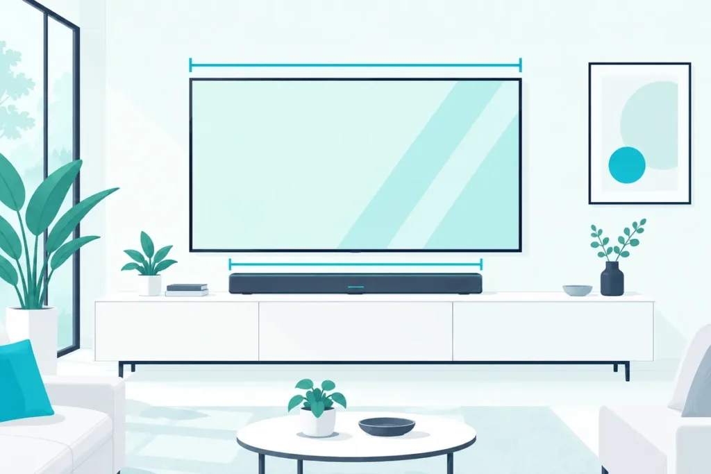 Soundbar slightly narrower than the TV above it, with guide lines comparing their widths