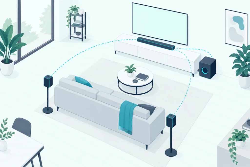 Soundbar with a subwoofer and two added rear speakers placed behind the sofa, linked wirelessly