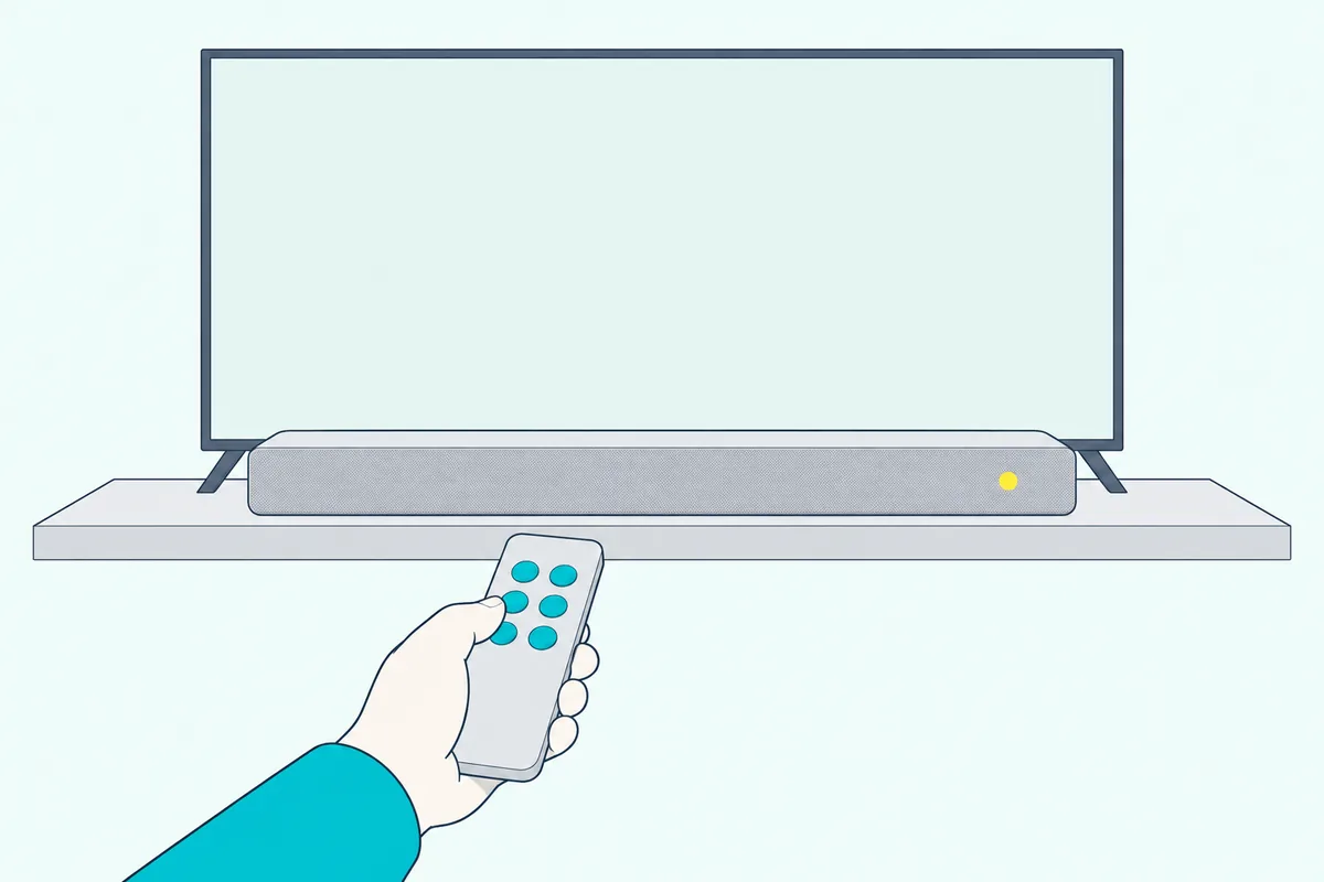 Hand pointing a remote at a slim soundbar whose small status light glows yellow