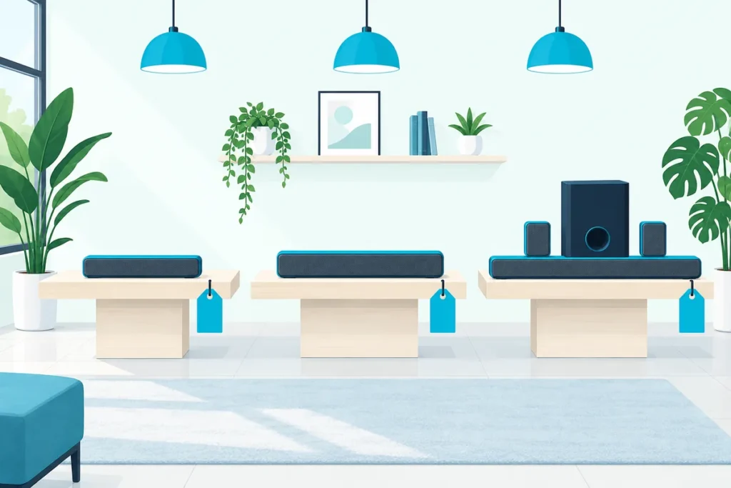 Three soundbars of rising size and price on a display, from a compact bar to a full system with subwoofer