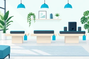 Three soundbars of rising size and price on a display, from a compact bar to a full system with subwoofer
