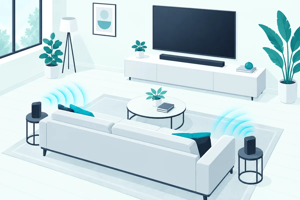 Two added speakers placed beside the sofa instead of behind it, the layout Samsung suggests for a stereo soundbar