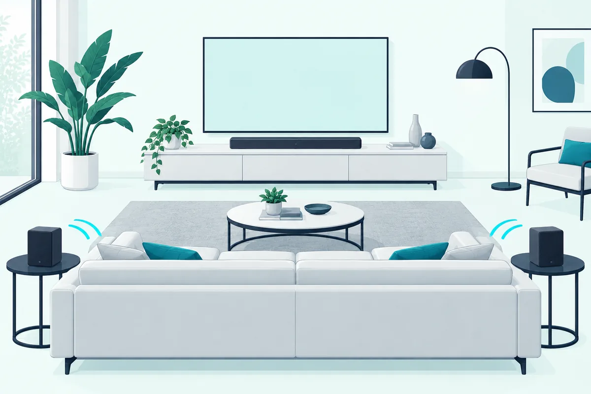 Two small speakers on side tables at either end of a sofa, the layout suggested for a stereo soundbar