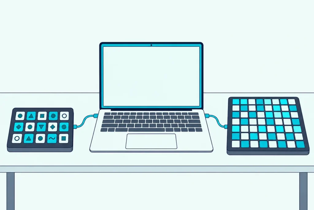Macro pad and MIDI pad grid both cabled to an open laptop on a desk