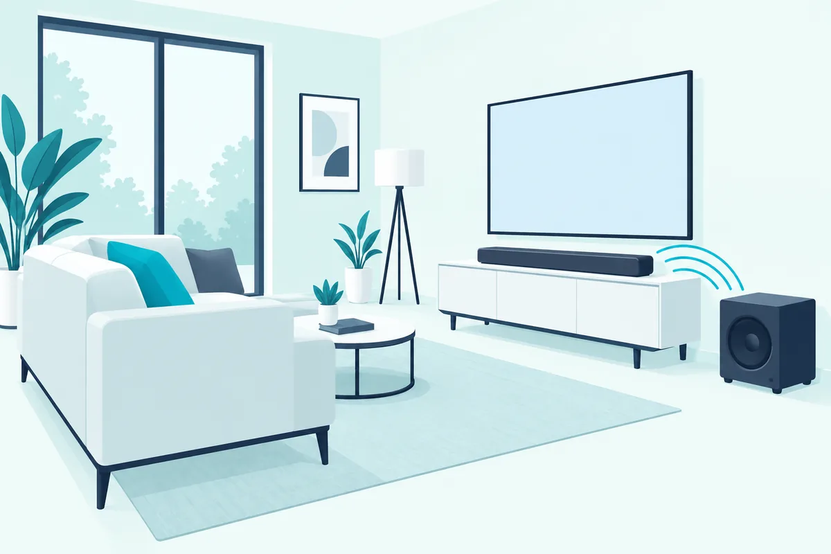 A wireless subwoofer standing beside a TV console and facing the sofa, close to the soundbar on the console