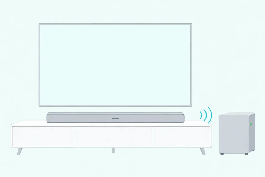Slim soundbar on a TV stand with a boxy wireless subwoofer beside it, linked by soft wireless arcs